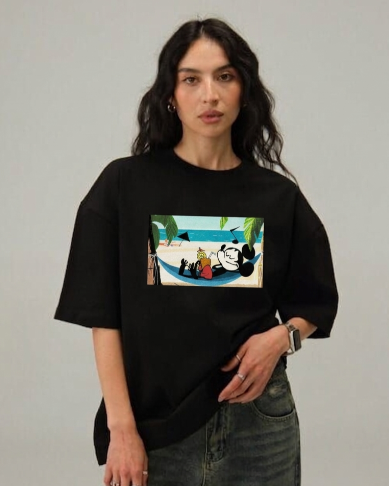 Relaxed Mickey Unisex Terry Black Oversized Tee